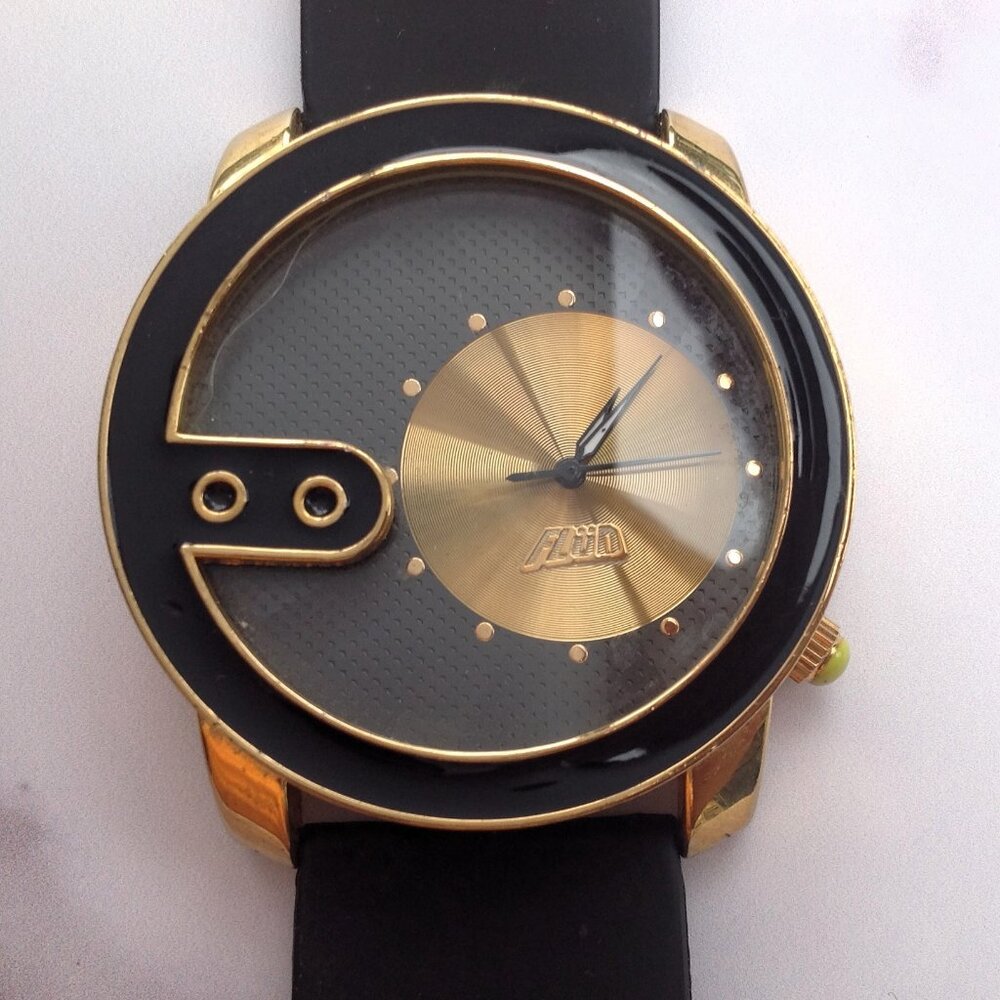 Flud Spinning Gold Record Quartz Watch Gold w Black Enamel